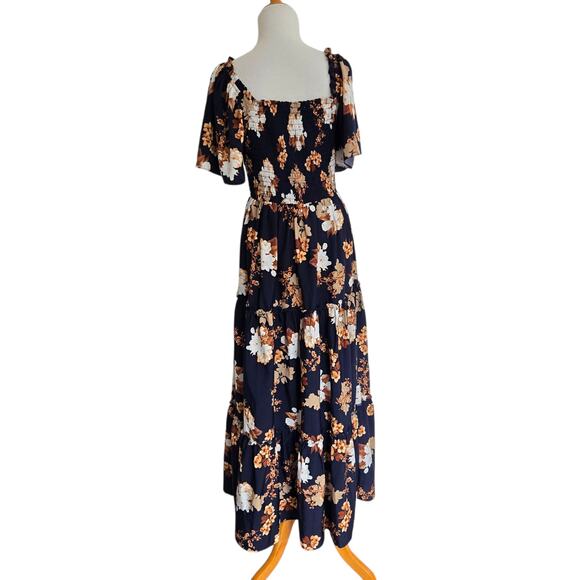 Baltic Born Floral Navy Maxi Dress Boho Smocked Square Neck Ruffle Women Large - Picture 4 of 13